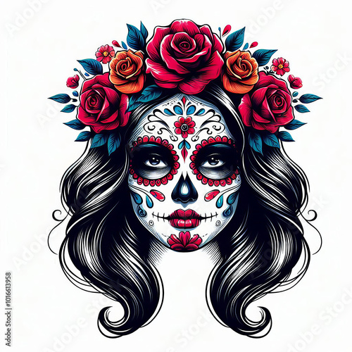 woman with day of the dead makeup with red and orange roses in her hair