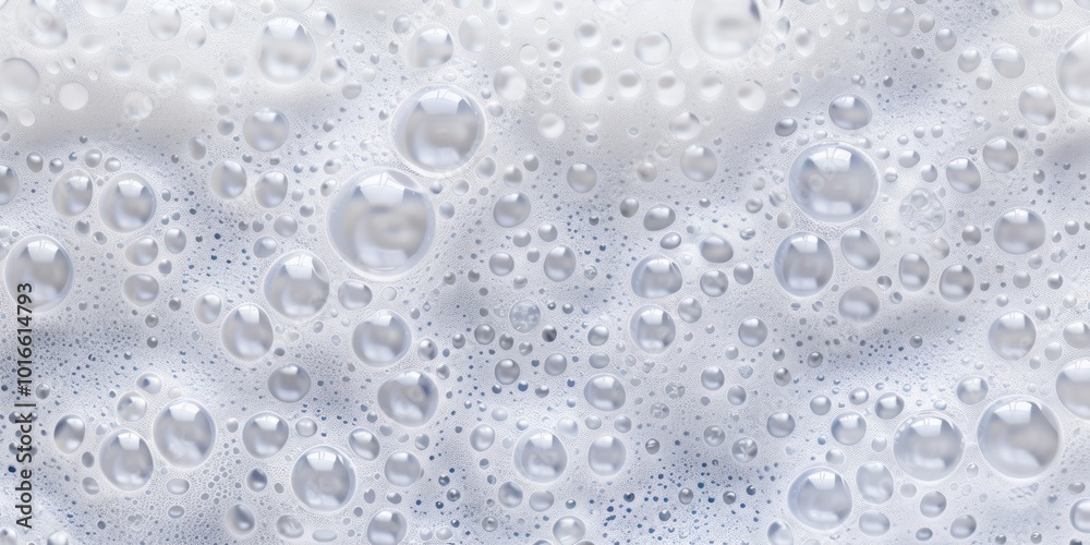 Close-up of soap bubbles on a white foamy surface. Concept of cleanliness and freshness.