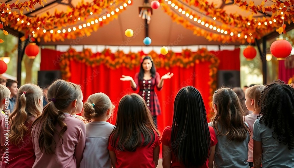 Fototapeta premium Children watching a show inside a decorated and lit circus tent, seen from behind.