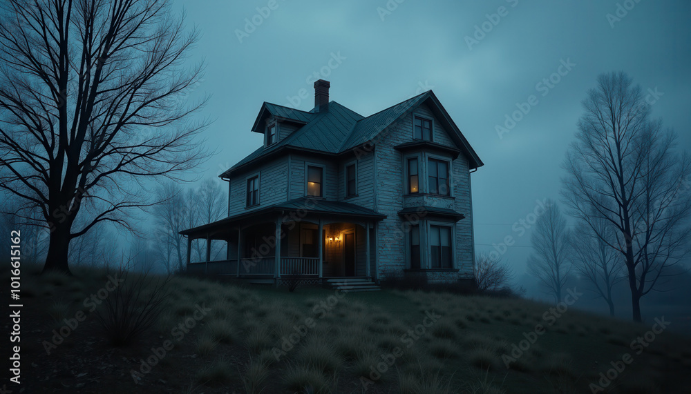 Haunted Victorian Mansion Under a Full Moon, With Eerie Glowing Windows and Fog Surrounding Dark Forest Trees Haunted Victorian Mansion Under a Full Moon, With Eerie Glowing Windows and Fog Surrounding Dark Forest Trees