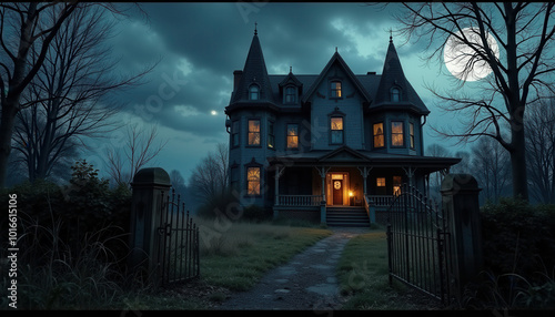 Haunted Victorian Mansion Under a Full Moon, With Eerie Glowing Windows and Fog Surrounding Dark Forest Trees