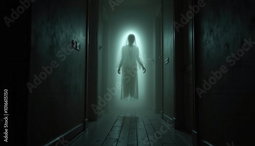 A haunting image of a spectral figure glowing at the end of a dimly lit hallway. An ethereal being clad in a flowing white veil hovers above the floor, its form shrouded in mist.