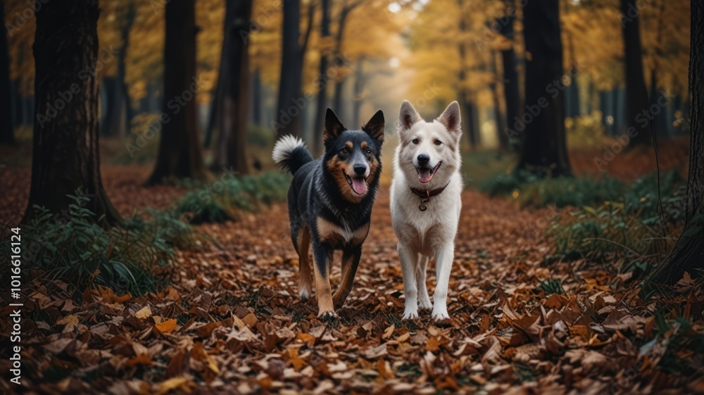 custom made wallpaper toronto digitalTwo dogs, one black and white and one white, walking on a path in an autumn forest.