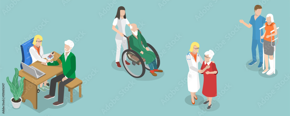 Obraz premium 3D Isometric Flat Vector Illustration of Caring For The Elderly, Collection Of Medical Care Scenes