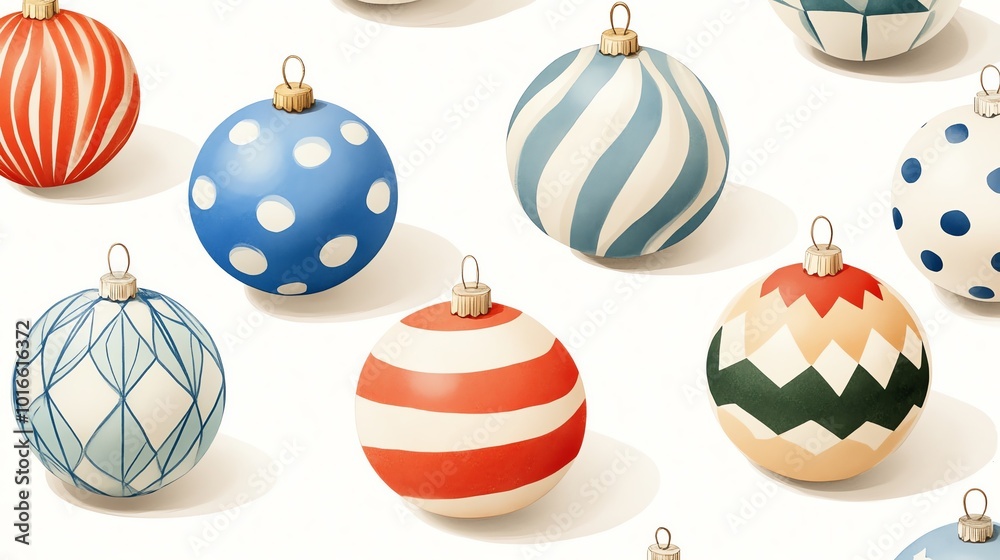 A collection of vibrant, decorative Christmas ornaments in various patterns and colors on a white background. A collection of vibrant, decorative Christmas ornaments in various patterns and colors on a white background.