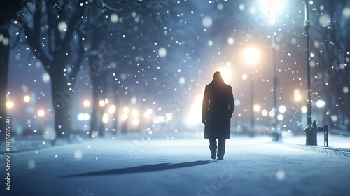 Lone Figure in Heavy Coat Strolling through Snowy, Quiet, Illuminated Winter Night