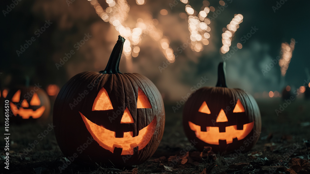 Naklejka premium Carved Pumkins and Fireworks at Night