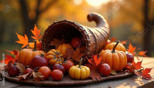 A cornucopia overflowing with vegetables, gourds, and autumn leaves, symbolizing a bountiful harvest and the Thanksgiving season.