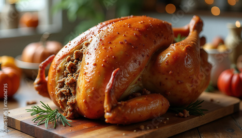 A golden roasted Thanksgiving turkey is served with garnish and candles, creating a warm and festive atmosphere for the holiday meal, while fresh herbs and vegetables add seasonal flavors.