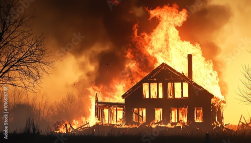 A house engulfed in flames, illustrating the devastation of fire and its impact on homes and communities.