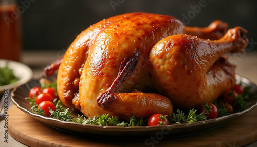 A golden roasted Thanksgiving turkey is served with garnish and candles, creating a warm and festive atmosphere for the holiday meal, while fresh herbs and vegetables add seasonal flavors.