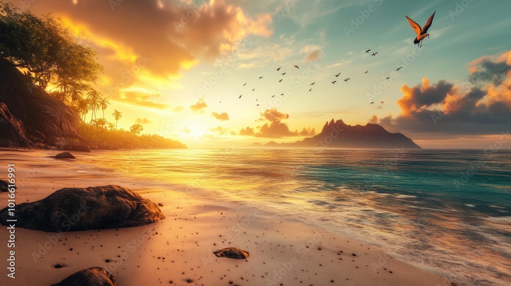 A stunning sunset over a tropical beach with birds flying in the sky. A stunning sunset over a tropical beach with birds flying in the sky.