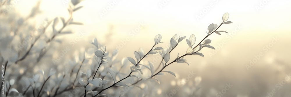 Obraz premium Vibrant Wild Shrub in Blurred Horizon Field, Lush Green Leaves and Branches, Nature's Serenity, Tranquil Landscape