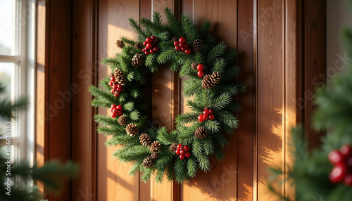 Beautiful Christmas wreath with pine branches, red berries and cones