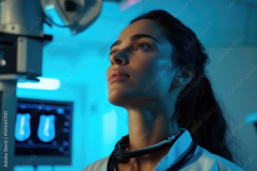 A woman wearing a stethoscope in a hospital setting, ready for examination. A woman wearing a stethoscope in a hospital setting, ready for examination.
