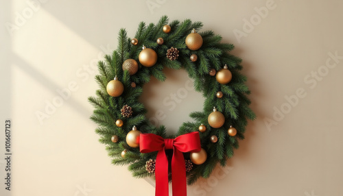 Beautiful Christmas wreath with pine branches, red berries and cones