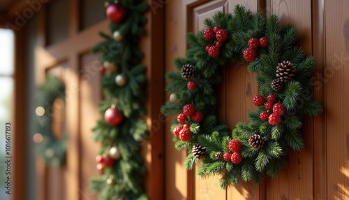 Beautiful Christmas wreath with pine branches, red berries and cones