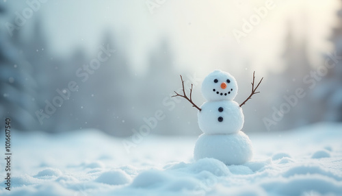 Happy snowman with sticks, button eyes and carrot nose standing in snowy forest winter landscape