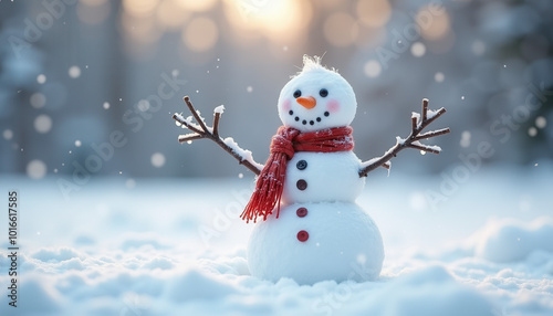 Happy snowman with sticks, button eyes and carrot nose standing in snowy forest winter landscape