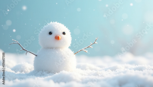 Happy snowman with sticks, button eyes and carrot nose standing in snowy forest winter landscape