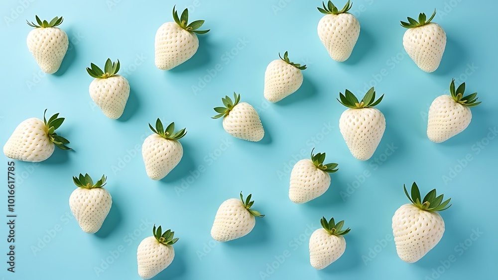 Snow strawberry. Christmas dessert. White strawberries, pattern, blue background Snow strawberry. Christmas dessert. White strawberries, pattern, blue background