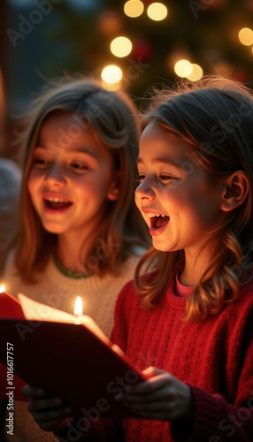Two joyful children singing Christmas carols by candlelight, smiling in the warm glow of festive lights and holiday decorations