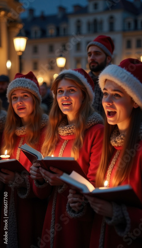 A group of women dressed in festive red coats and Santa hats singing Christmas carols by candlelight in a charming evening outdoor setting.