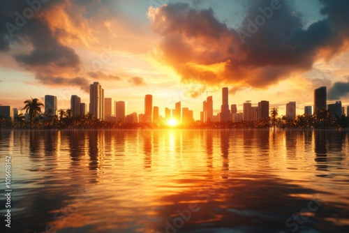 City at Sunset Amidst Rising Floodwaters