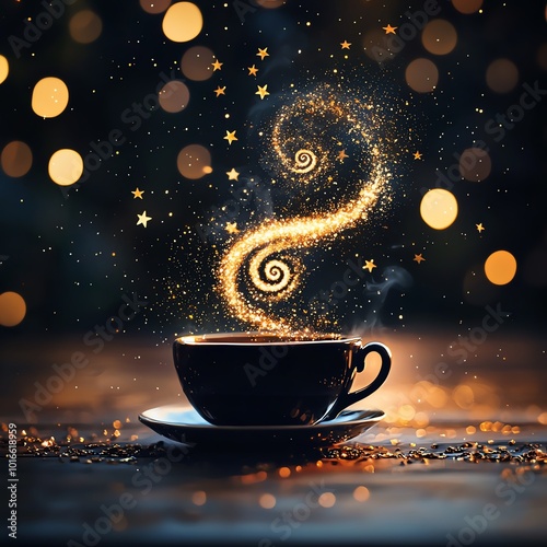A magical coffee cup with swirling golden steam and starry bokeh background, evoking warmth and enchantment.