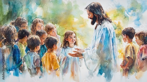 A serene watercolor painting depicting Jesus surrounded by joyful children, conveying themes of kindness, compassion, and spirituality.