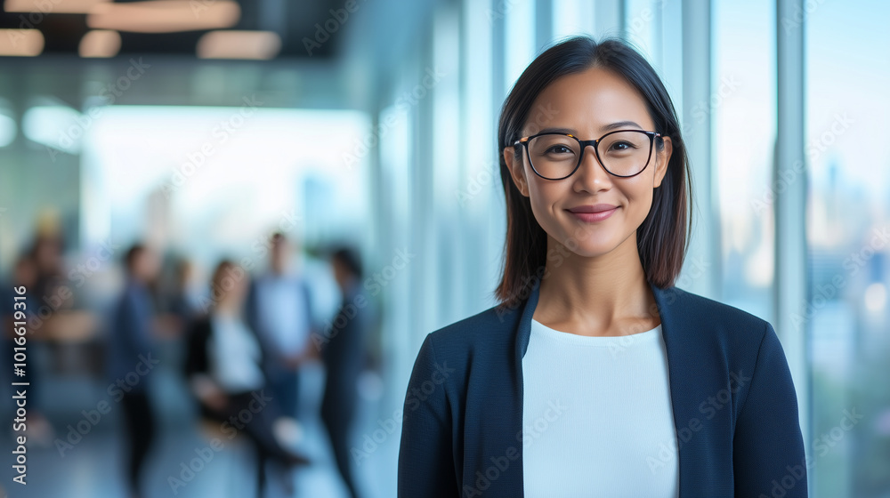 Fototapeta premium Professional woman smiling during business conference in a contemporary office setting A businesswoman of Asian descent stands confidently, smiling at the camera while in a bright