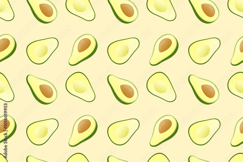 Seamless pattern with avocado, cut in half slice. Avocado with seed and without. Tropical fruit. Vector illustration isolated on white background. Seamless pattern with avocado, cut in half slice. Avocado with seed and without. Tropical fruit. Vector illustration isolated on white background.