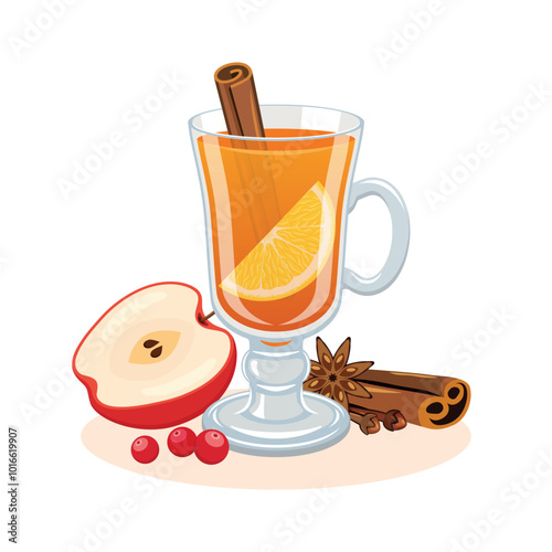 Hot mulled apple cider with lemon, cinnamon and star anise vector illustration. Hot winter drink with fruit and spices icon vector isolated on a white background. Glass of mulled apple cider drawing