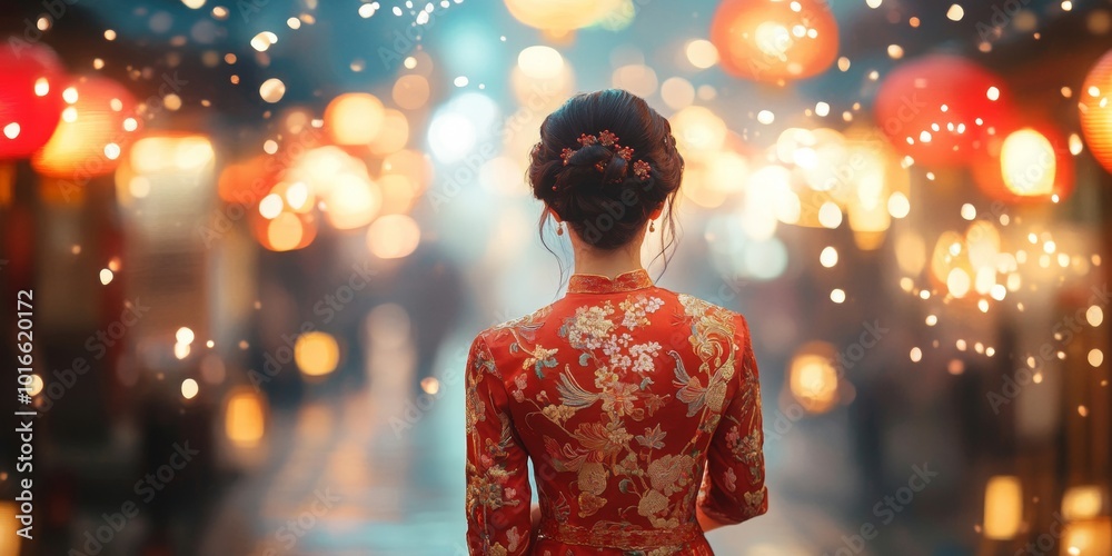 Elegant woman in red qipao strolls through lantern-lit street, vibrant fireworks create a magical, blurred backdrop. Elegant woman in red qipao strolls through lantern-lit street, vibrant fireworks create a magical, blurred backdrop.