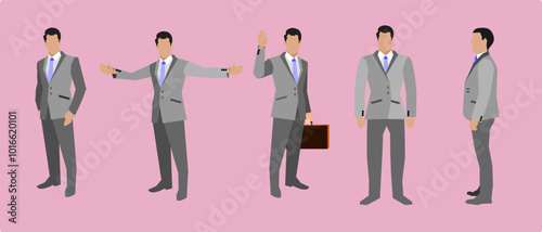 Vector five figures of a man dressed in a gray suit, white shirt, and blue tie. The figures are displayed on a pink background and are in different poses.