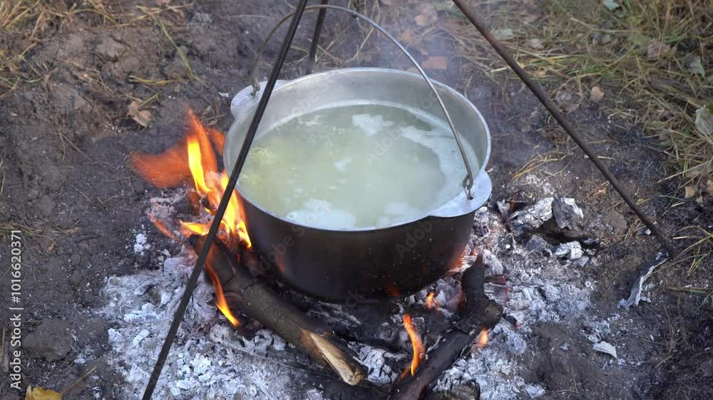 Cauldron on the fire. Cooking food on a hike. Food soup outdoor in a camping. Travel tourism extreme. Firewood Cauldron on the fire. Cooking food on a hike. Food soup outdoor in a camping. Travel tourism extreme. Firewood