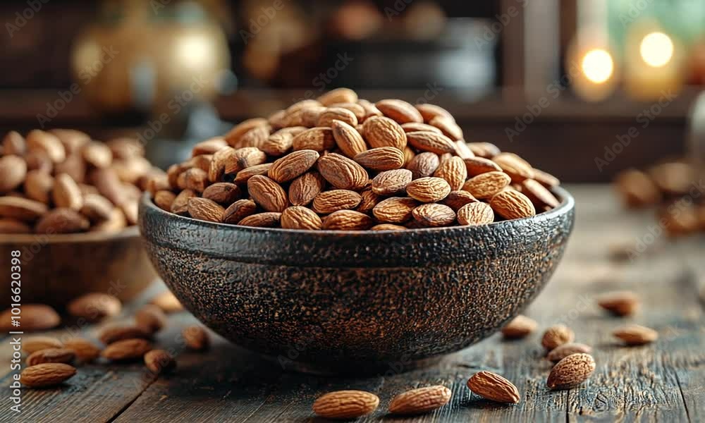 A bowl filled with almonds on a rustic wooden surface.