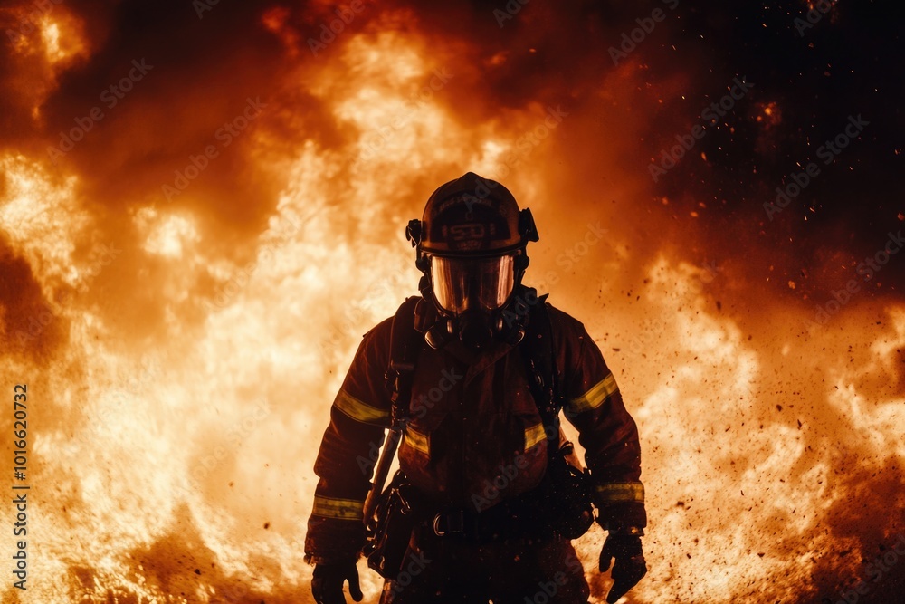 A firefighter stands in front of a burning fire, ready to take action. A firefighter stands in front of a burning fire, ready to take action.