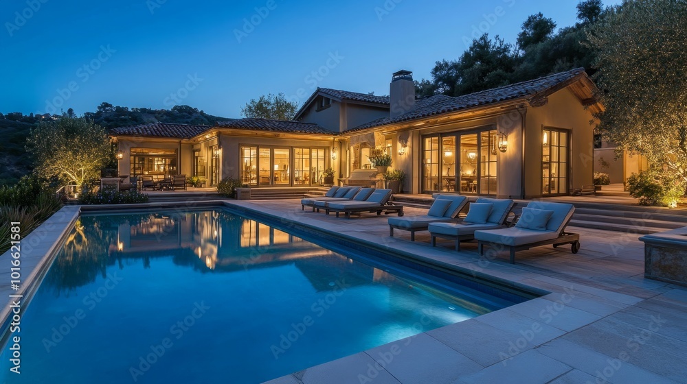 Cozy holiday home at night, swimming pool lights illuminating the patio area with lounge chairs nearby. Cozy holiday home at night, swimming pool lights illuminating the patio area with lounge chairs nearby.