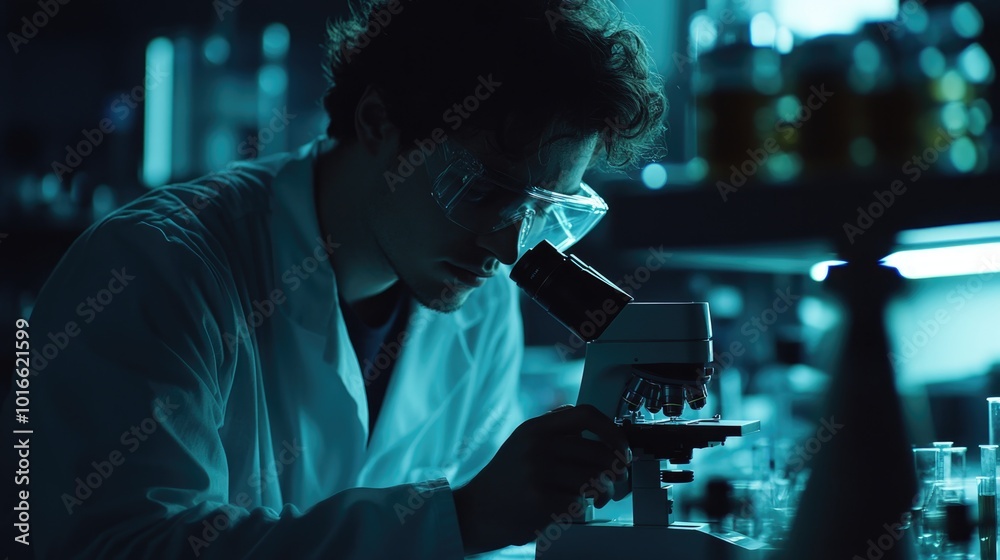 A scientist in a lab coat looks at a sample under a microscope, for use in medical or science illustrations. A scientist in a lab coat looks at a sample under a microscope, for use in medical or science illustrations.