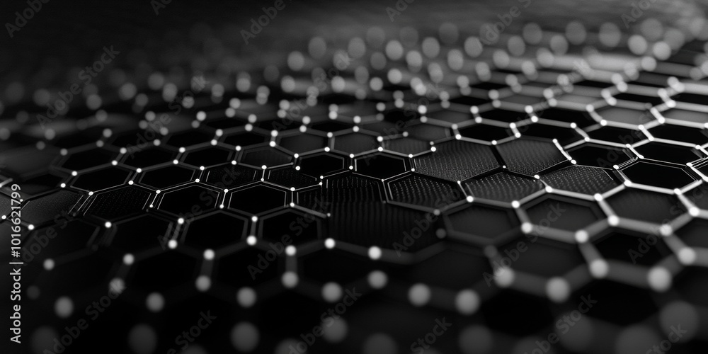 Obraz premium Dynamic abstract polygons merging into a hexagonal network on a dark cyber grid, evoking a sense of digital innovation and connectivity