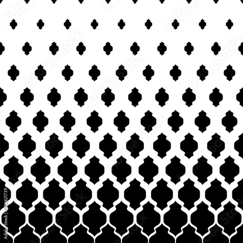 Degrade halftone fading abstract pattern. Black fades patern isolated on white background. Geometric faded design. Faded geometry transition prints. Artdeco geo seamles motif. Vector illustration