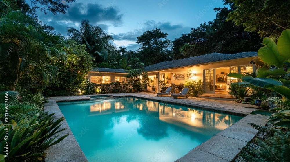 Holiday home with a lit swimming pool at dusk, surrounded by lush greenery and soft outdoor lighting. Holiday home with a lit swimming pool at dusk, surrounded by lush greenery and soft outdoor lighting.