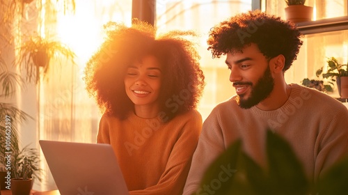 Smiling Couple Enjoys Relaxing Together in Stylish Modern Living Room