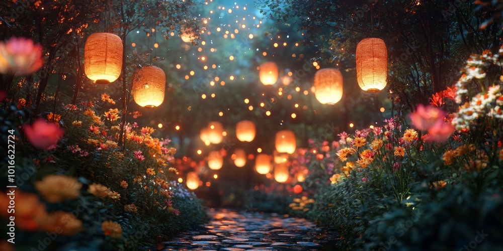 Enchanted Garden at Night, glowing lanterns illuminating vibrant blooms under a dreamy starry sky creating a magical atmosphere Enchanted Garden at Night, glowing lanterns illuminating vibrant blooms under a dreamy starry sky creating a magical atmosphere
