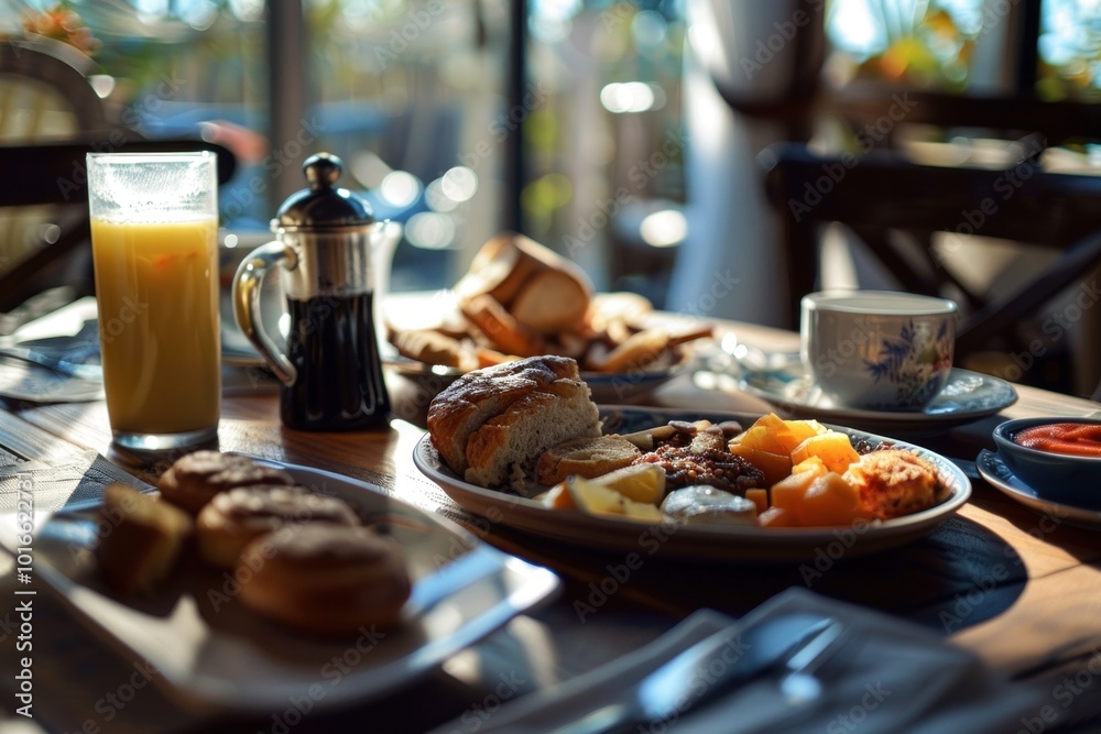 Breakfast table with various dishes, juice, and coffee. Concept of morning meal and leisure. Breakfast table with various dishes, juice, and coffee. Concept of morning meal and leisure.