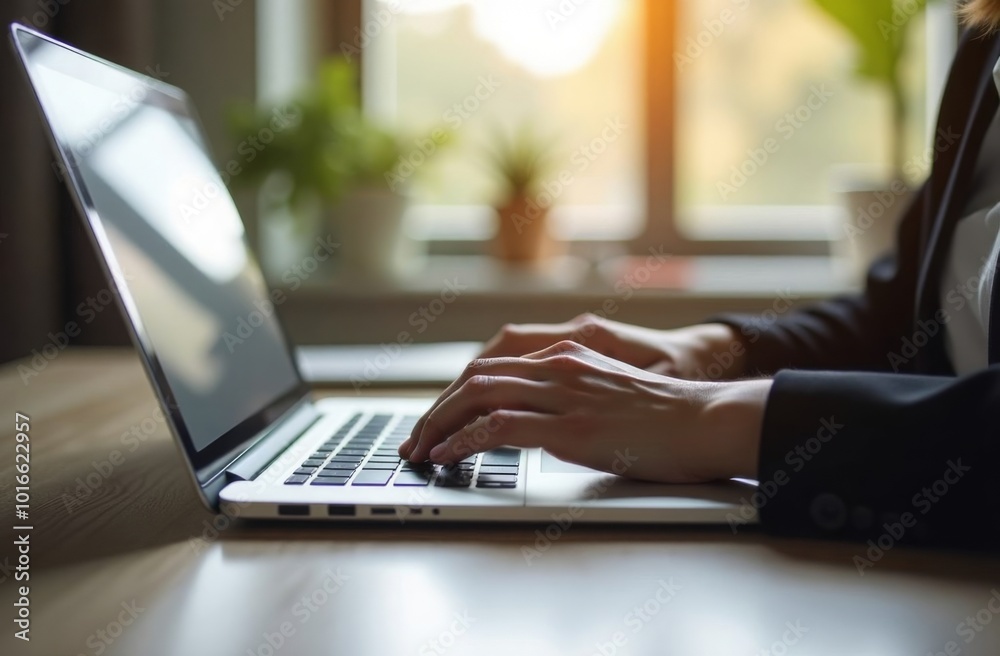 Woman working on a laptop in a home setting. Woman working on a laptop in a home setting.