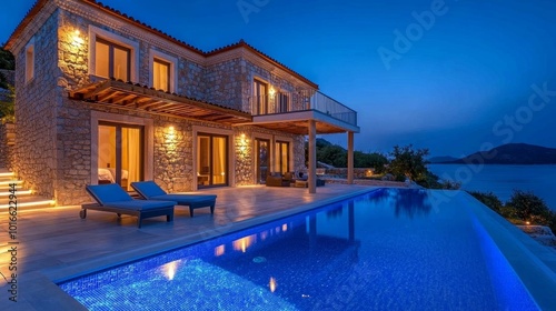 Holiday villa with an outdoor pool at night, soft blue lighting in the water creating a relaxing atmosphere.