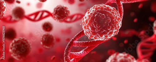Microscopic view of red blood cells and DNA, on a dark background.