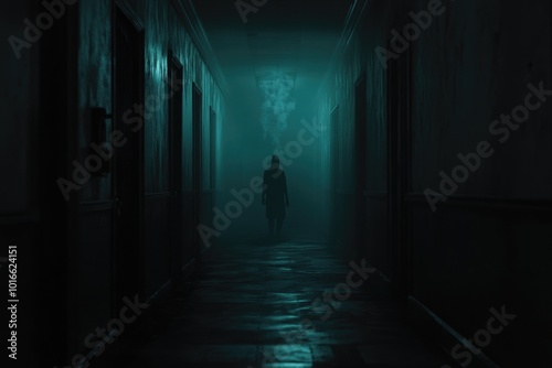 A person walking alone down a dark and eerie hallway.